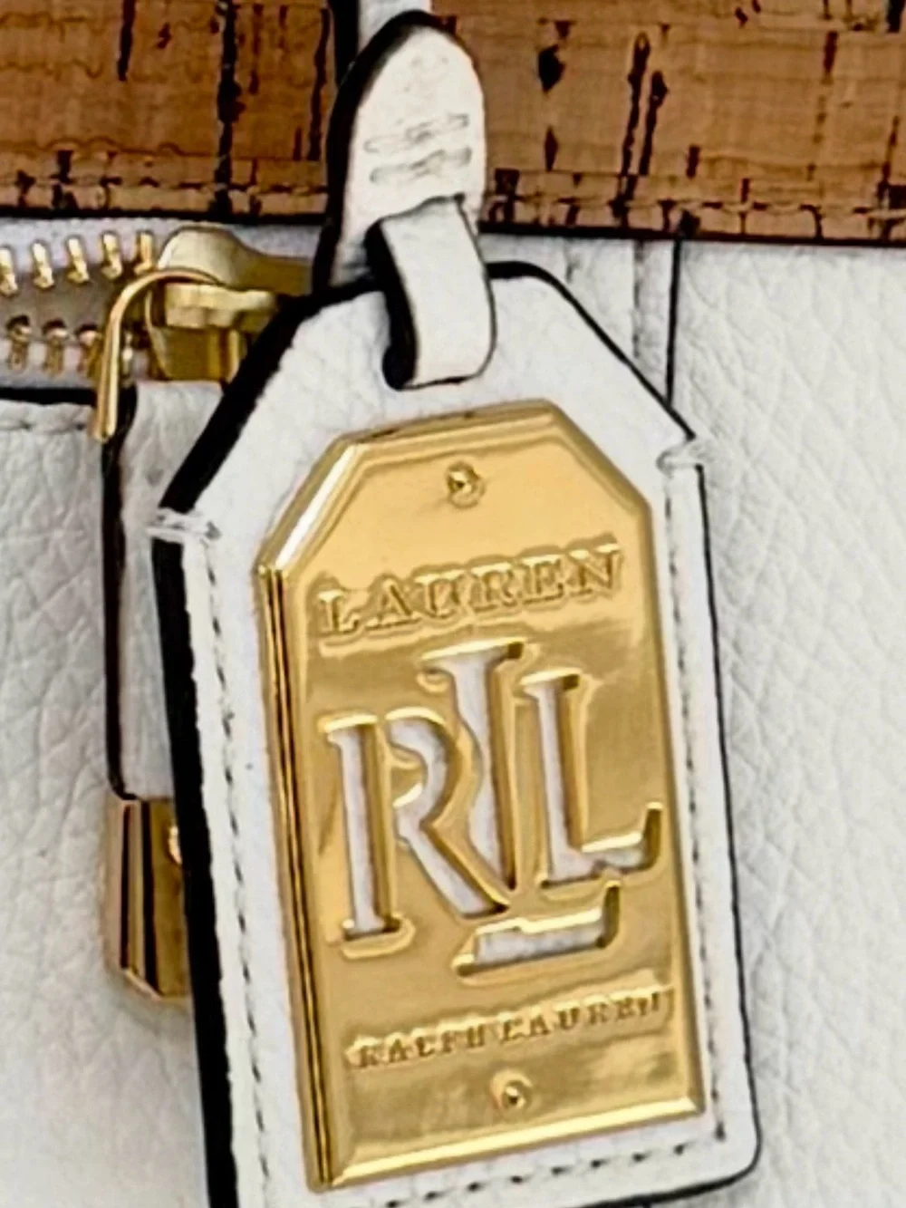 Lauren Ralph Lauren Paley White Leather Tote with Cork Band and Gold Hardware.